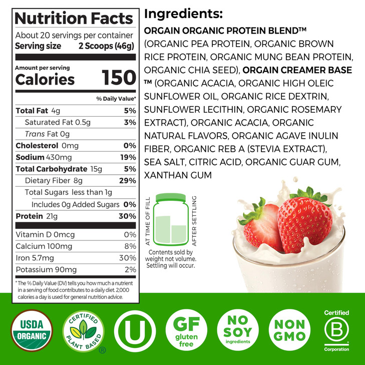 Orgain Organic Vegan Protein Powder, Strawberries & Cream - 21g Plant Based Protein, 4g Prebiotic Fiber, Low Net Carb, No Lactose Ingredients, No Add