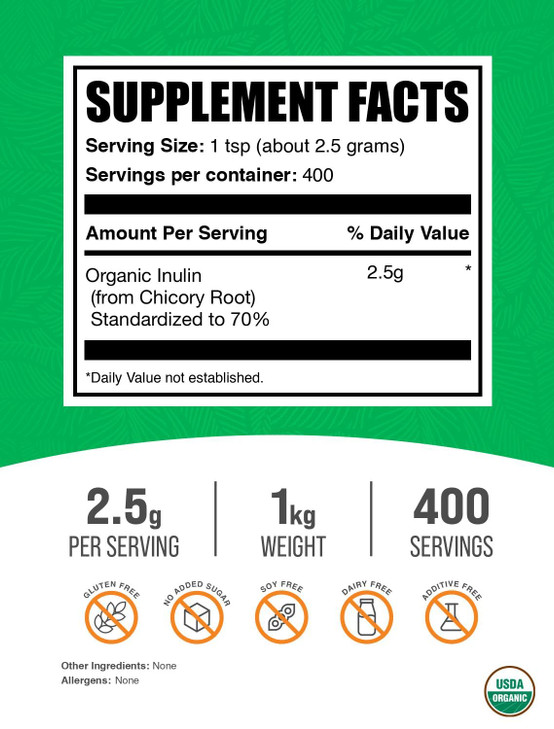 BulkSupplements.com Organic Inulin Powder - Inulin Supplement, Soluble Fiber Powder - Vegan & Gluten Free - 2.5g per Serving, 1kg (2.2 lbs) (Pack of