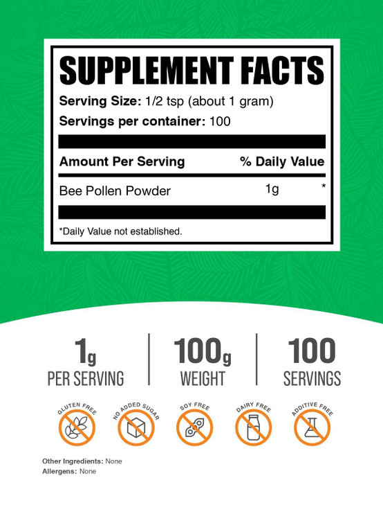 BulkSupplements.com Bee Pollen Powder - Superfood Supplement, Bee Pollen Supplement, for Immune Support - Gluten Free, 1g per Serving, 100g (3.5 oz)
