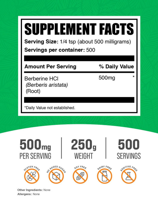 BulkSupplements.com Berberine HCl Powder - Berberine Supplement, Berberine Powder - Gluten Free, 500mg per Serving, 250g (8.8 oz) (Pack of 1)
