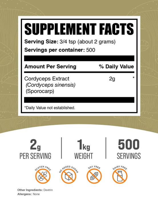 BulkSupplements.com Cordyceps Mushroom Extract Powder - Cordyceps Sinensis, Mushroom Supplement - Vegan & Gluten Free, 2g per Serving, 1kg (2.2 lbs)