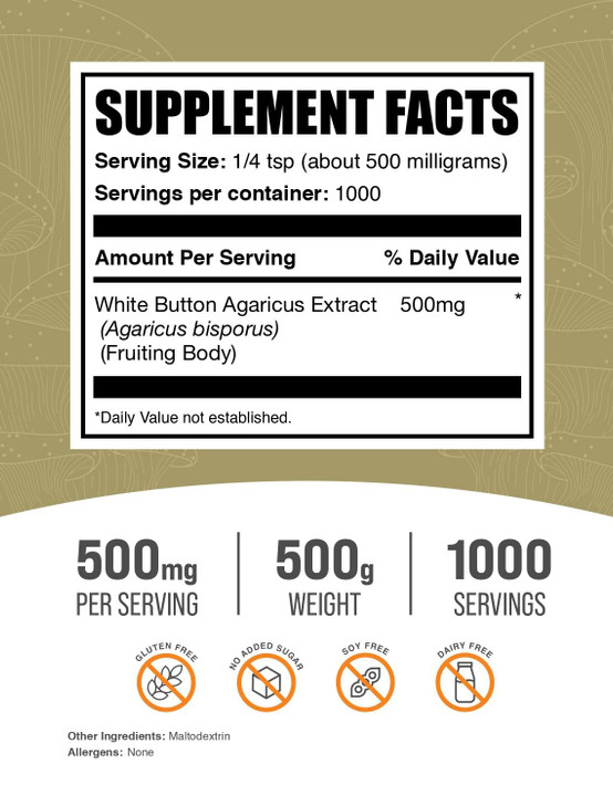 BulkSupplements.com White Button Mushroom Extract Powder - Mushroom Supplement, Agaricus Mushroom Powder - Gluten Free, 500mg per Serving, 500g (1.1