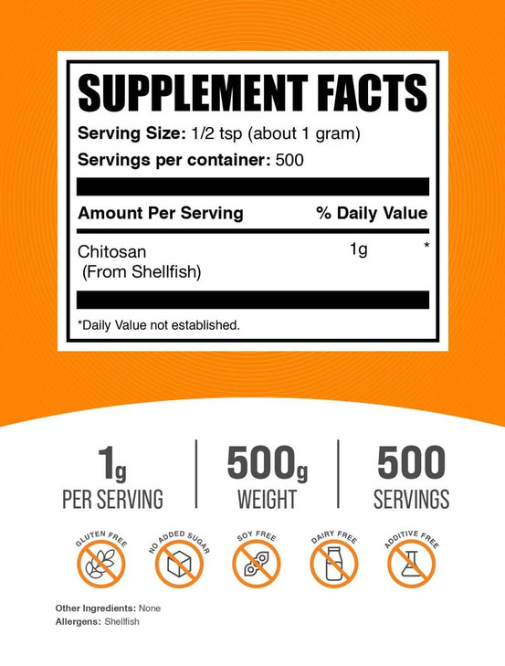 BulkSupplements.com Chitosan Powder - Fiber Supplement, Kidney Support Supplement - Foodgrade & Gluten Free, 1g per Serving, 500g (1.1 lbs) (Pack of