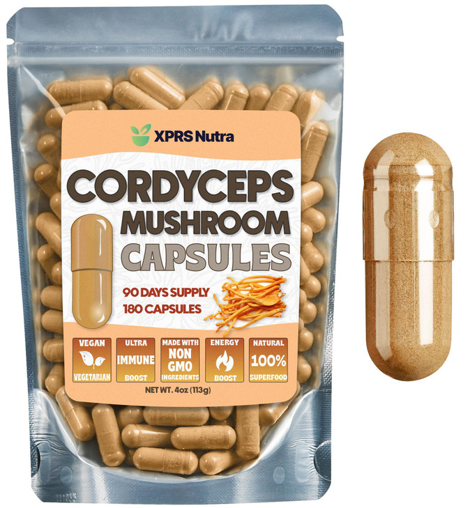 XPRS Nutra Cordyceps Mushroom Powder Capsules - 180 Count (90 Day Supply) - Premium Cordyceps Mushroom Capsules Made from Real Mushrooms (Cordyceps)