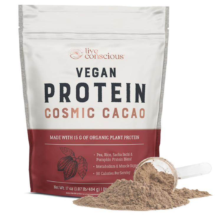 Live Conscious Cosmic Cacao - Organic Vegan Protein Powder, Chocolate Flavor, Plant-Based Blend - Pea Protein, Brown Rice, Pumpkin, Sacha Inchi - 20