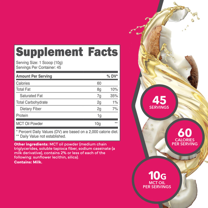 Ketologic MCT Oil Powder Unflavored (1 LB)  Keto Coffee Creamer & Energy Support  41 Servings of Medium Chain Triglycerides for Focus & Fuel