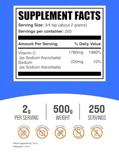 BulkSupplements.com Sodium Ascorbate Powder - for Immune Support, Sodium Ascorbate Vitamin C - Buffered Vitamin C, Gluten Free, 2g per Serving, 500g