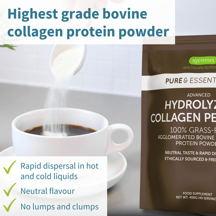 Igennus Free Range Grass Fed Hydrolyzed Bovine Collagen Peptides, Neutral Taste, 100% Highest Grade Bovine Collagen Protein Powder, Types 1, 2 & 3, C