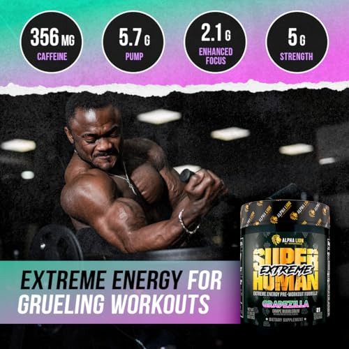ALPHA LION Superhuman Extreme High Stim Pre Workout Powder, Beta Alanine, L-Taurine & 356mg Tri-Source Caffeine for Sustained Energy, Nitric Oxide &