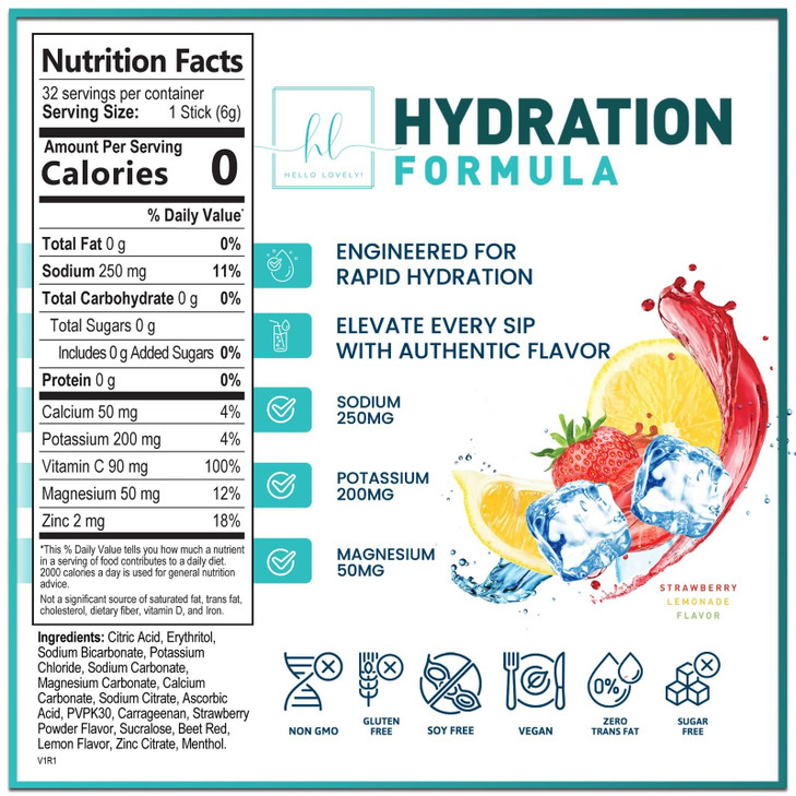 Electrolyte Hydration Packets - Sugar Free Electrolytes Powder Packets - Fast Daily Hydration with Potassium & Zero Sugar - High Impact Electrolyte D