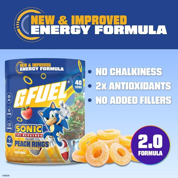G Fuel Sonic 2.0 Energy Drink Powder, Pre Workout Caffeine Mix for Gaming, Sugar Free Focus Amino, Vitamin + Antioxidants, 9.8oz (Peach Ring Candy, 4