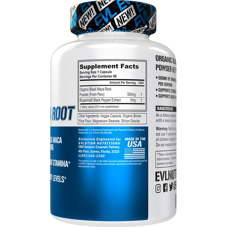 Evlution Nutrition Black Maca Root - Energy Support - 500mg Organic Black Maca Root Powder - Workout Supplement - Vegetarian Capsules - for Strength