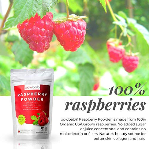 powbab Raspberry Powder from 100% USA Grown Organic Raspberries. No Added Sugar, Not Freeze Dried, No Juice Concentrate, No Maltodextrin. Dehydrated
