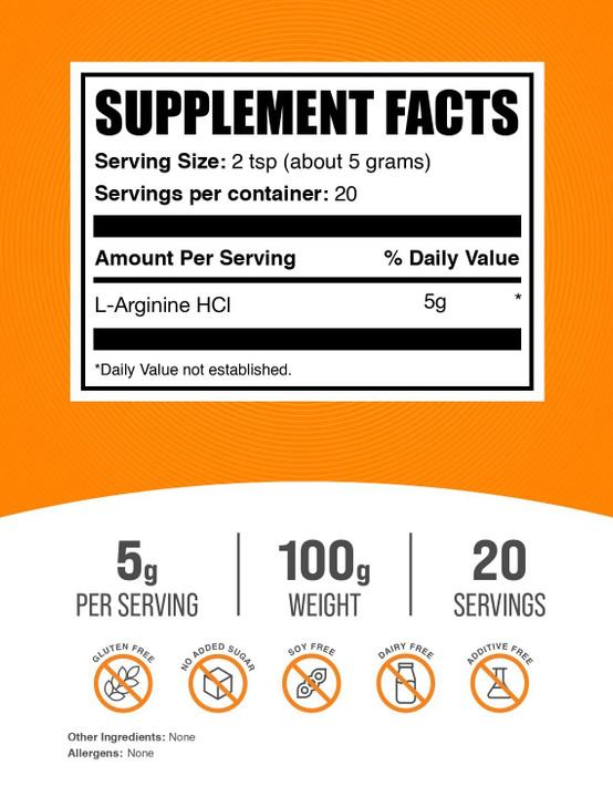 BulkSupplements.com L-Arginine HCl Powder - Nitric Oxide Supplement, Arginine Powder - Unflavored & Gluten Free, 5g per Serving, 100g (3.5 oz) (Pack