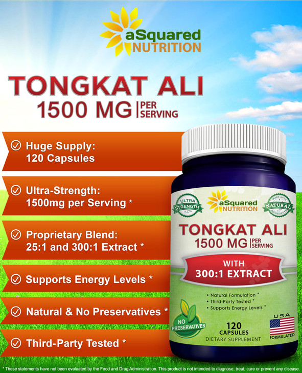 aSquared Nutrition Tongkat Ali 1500mg - 120 Capsules - Longjack (Eurycoma Longifolia) Extract Supplement & Long Jack Root Powder Pills - Tongkat Ali