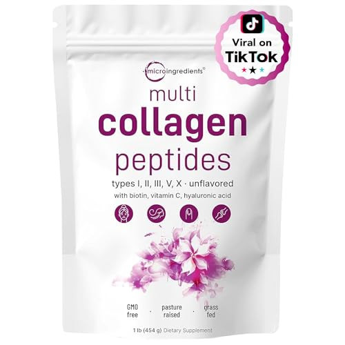 Micro Ingredients Multi Collagen Peptides Powder, 1lb  Hydrolyzed Type I,II,III,V,X with Biotin 10000mcg, Hyaluronic Acid, Vitamin C  Unflavored Co