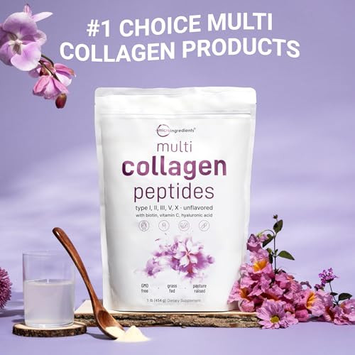 Micro Ingredients Multi Collagen Peptides Powder, 1lb  Hydrolyzed Type I,II,III,V,X with Biotin 10000mcg, Hyaluronic Acid, Vitamin C  Unflavored Co