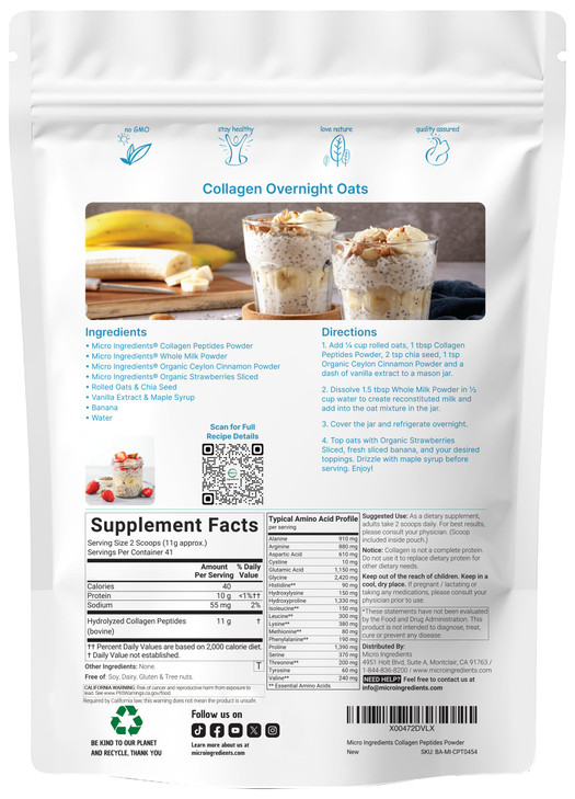 Micro Ingredients Bovine Collagen Peptides Powder, 1lb | Type I & III + Natural Protein | Grass-Fed Bovine Source | Unflavored | Paleo, Non-GMO