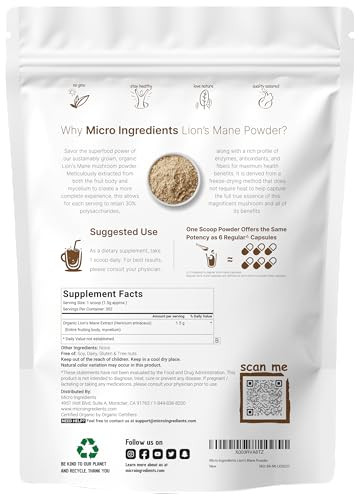 Micro Ingredients Organic Lions Mane Mushroom Powder, 16oz | Pure Fruiting Body Superfood | Supports Brain, Focus, Energy & Immune Health | Great fo