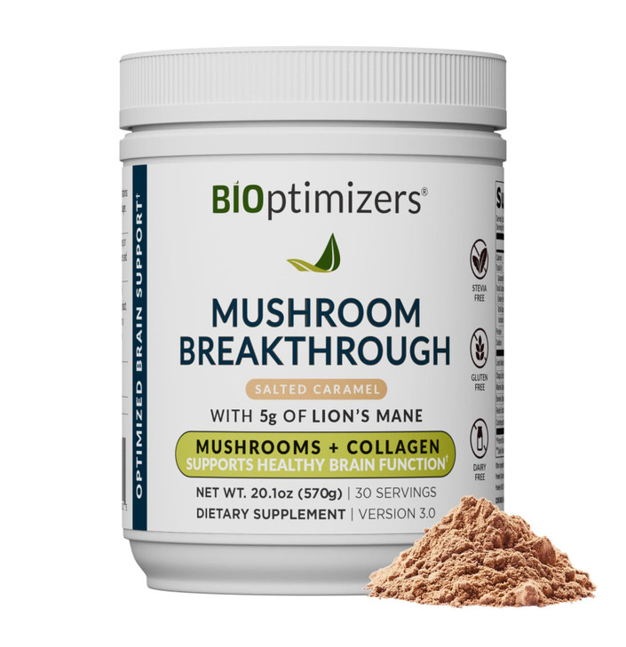 BIOptimizers Mushroom Coffee Alternative  Salted Caramel Drink  Lions Mane, Chaga, Reishi + Collagen Peptides for Focus, Energy & Gut Health  Ada