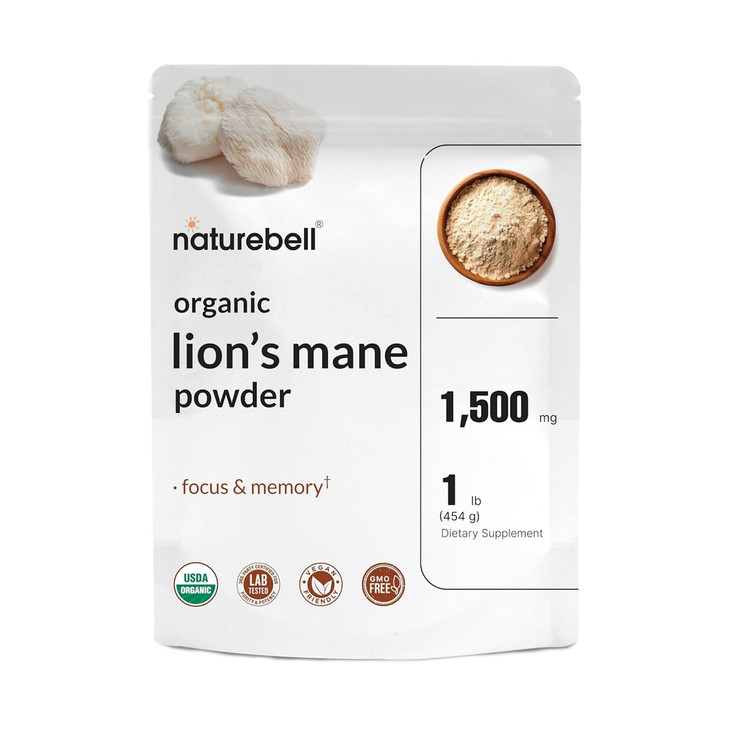 NatureBell Organic Lions Mane Powder 1,500mg - 1 lb - Brain, Focus & Memory Support* - Whole Fruiting Body & Mycelium - Non-GMO & Gluten-Free