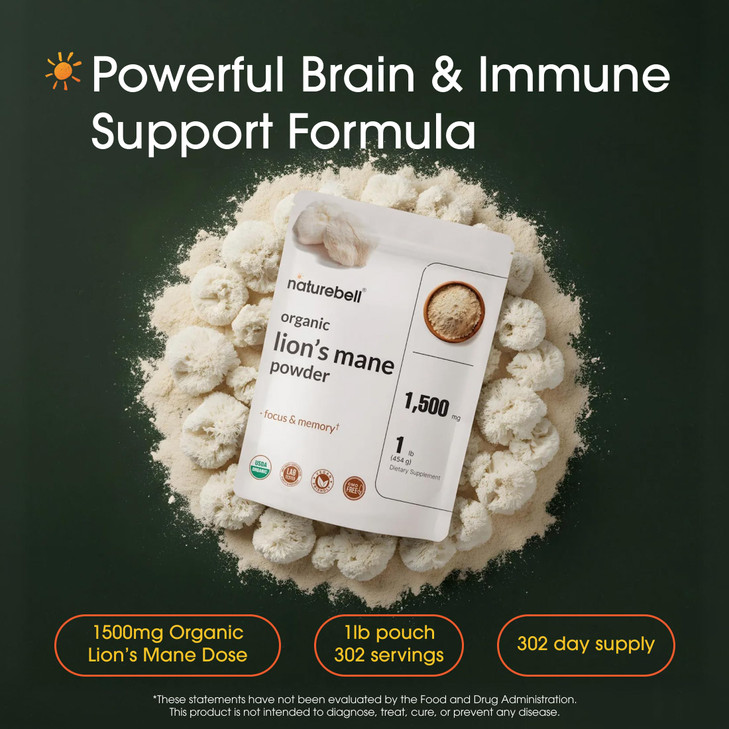 NatureBell Organic Lions Mane Powder 1,500mg - 1 lb - Brain, Focus & Memory Support* - Whole Fruiting Body & Mycelium - Non-GMO & Gluten-Free
