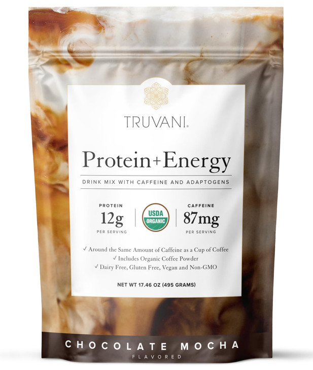 Truvani Protein + Energy Drink Mix with 87mg Caffeine | Chocolate Mocha | 12g Organic Plant Based Protein | 20 Servings | USDA Organic Coffee Powder