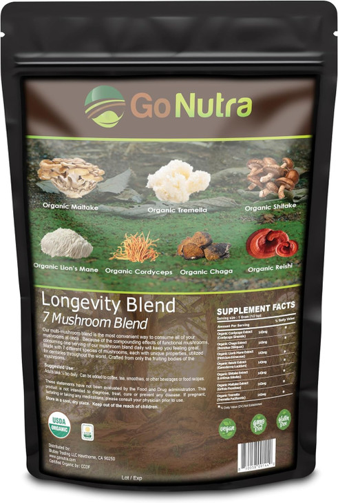 Go Nutra - Organic 7 Mushroom Supplement, Longevity Mushroom Powder with Lions Mane, Chaga, Shiitake, Maitake, Reishi, Tremella, and Cordyceps Mushr