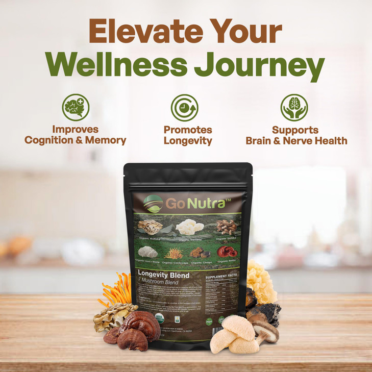 Go Nutra - Organic 7 Mushroom Supplement, Longevity Mushroom Powder with Lions Mane, Chaga, Shiitake, Maitake, Reishi, Tremella, and Cordyceps Mushr