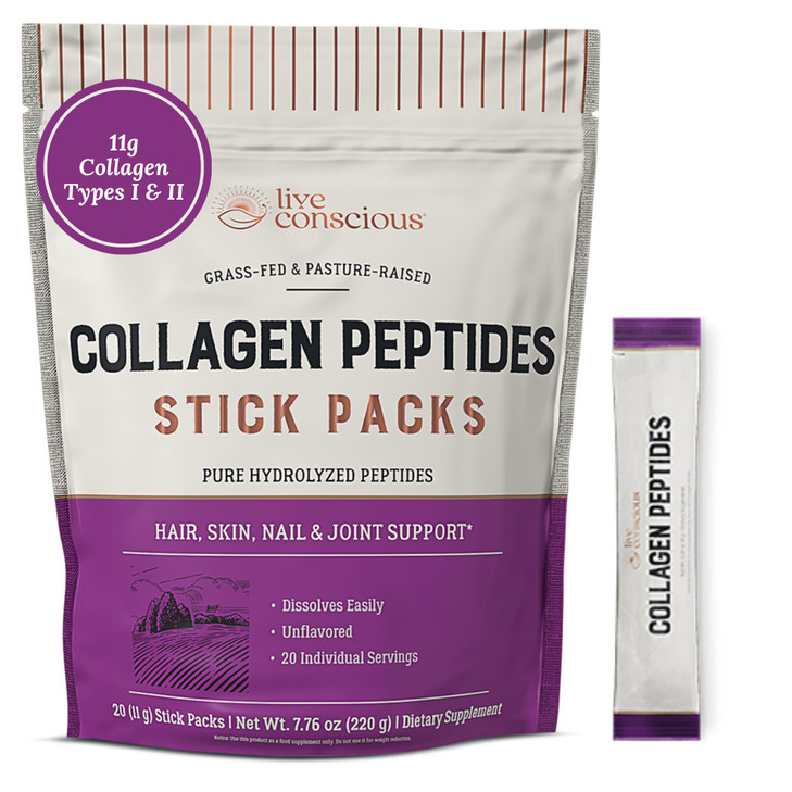 Live Conscious Collagen Peptides Powder Unflavored Packets - Hydrolyzed Collagen Powder - Hair, Skin, Nail, & Joint Support - Type I & III Grass-Fed