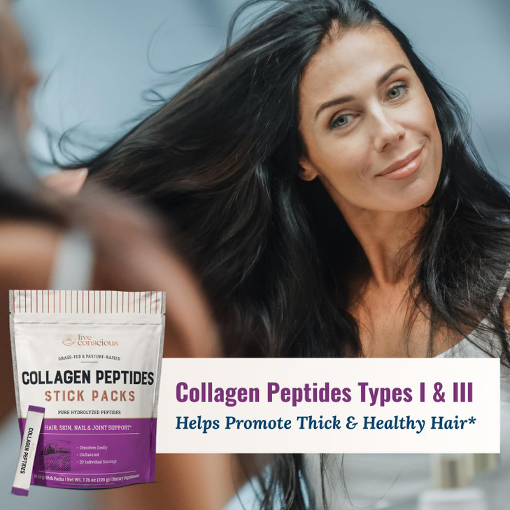 Live Conscious Collagen Peptides Powder Unflavored Packets - Hydrolyzed Collagen Powder - Hair, Skin, Nail, & Joint Support - Type I & III Grass-Fed