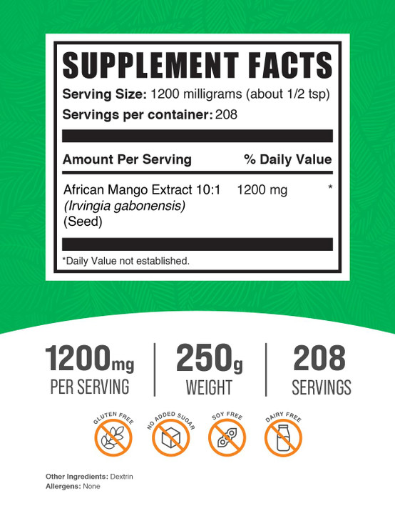 BulkSupplements.com African Mango Extract Powder - Irvingia Gabonensis, African Mango Powder - Gluten Free, 1.2g per Serving, 250g (8.8 oz) (Pack of