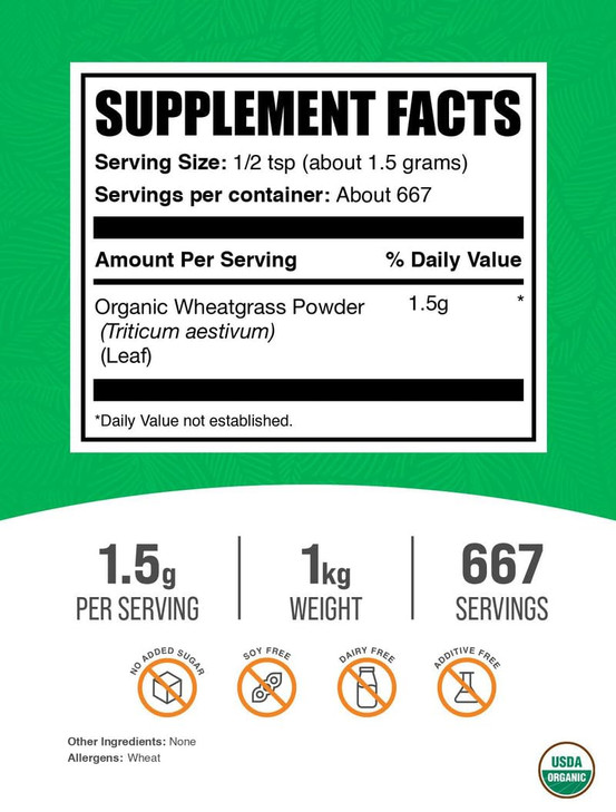 BulkSupplements.com Organic Wheatgrass Powder - Organic Super Greens Powder, Superfoods Supplement - Vegan & Gluten Free, 1.5g per Serving, 1kg (2.2