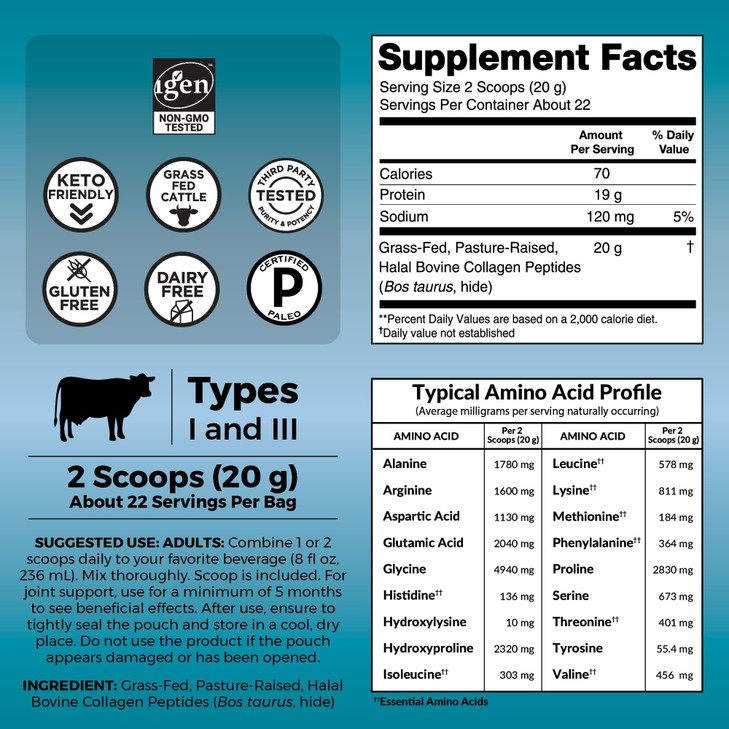 Viva Naturals Collagen Peptides Powder - Grass-Fed Hydrolyzed Bovine, Type I & III - 19 g Protein, Unflavored, Easy Dissolving - Joint, Skin, Hair &