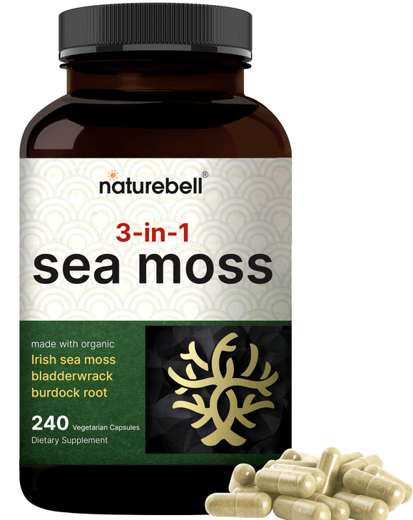 NatureBell 3-in-1 Sea Moss - 240 Vegetarian Capsules - Sea Moss Complex with Organic Bladderwrack & Organic Burdock Root - Healthy Digestion, Vitalit