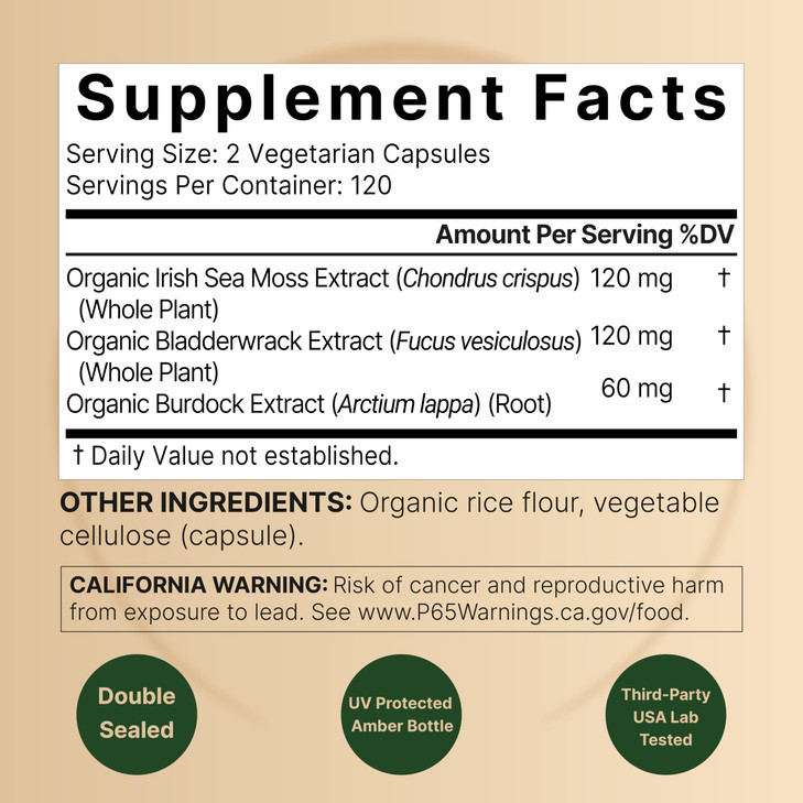 NatureBell 3-in-1 Sea Moss - 240 Vegetarian Capsules - Sea Moss Complex with Organic Bladderwrack & Organic Burdock Root - Healthy Digestion, Vitalit