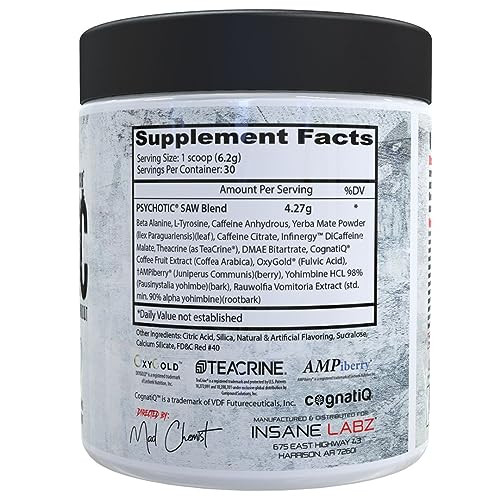 Insane Labz Psychotic SAW®, High Stim Pre Workout Powder with OxyGold­ and AMPiberry®, Extreme Lasting Energy with Teacrine®, Focus with CognitIQ® a