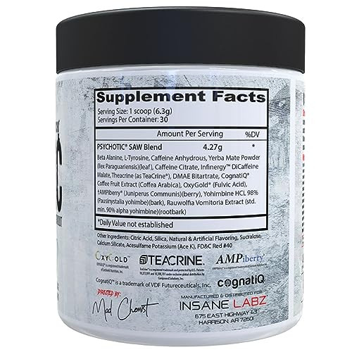 Insane Labz Psychotic SAW®, High Stim Pre Workout Powder with OxyGold­ and AMPiberry®, Extreme Lasting Energy with Teacrine®, Focus with CognitIQ® a