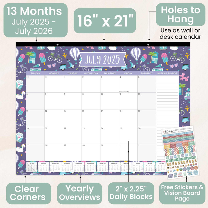 bloom daily planners Desk Calendar 2025-2026 - Academic Year Large Wall Calendar (July 2025 - July 2026) - 21 x 16 Desktop & Hanging Monthly Planne