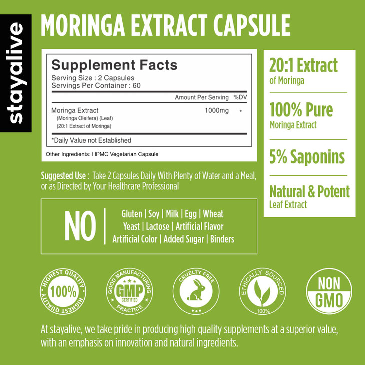 STAY ALIVE Moringa Capsules 1000mg, 20:1 Extract, 120 Pills, Green Superfood with Extra Strength, 100% Pure Oleifera Leaf Powder, 2 Months Supply, Al