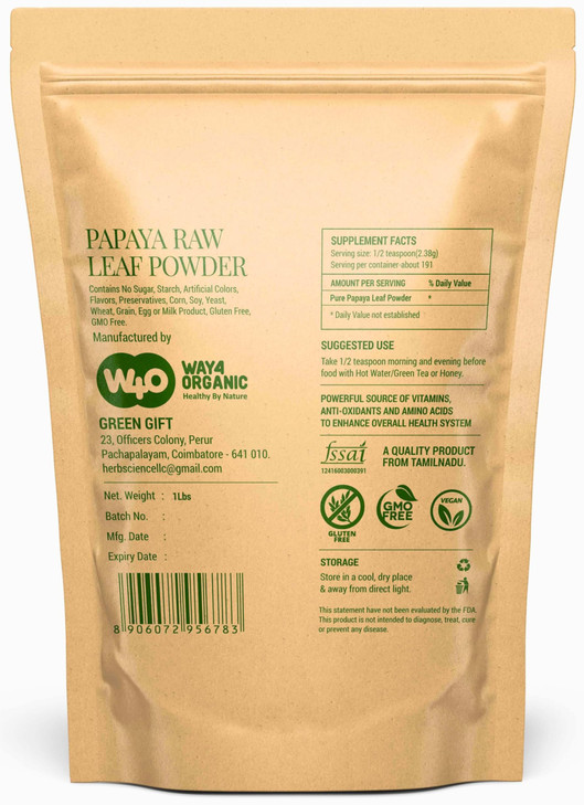 Way4Organic Papaya Leaf Powder 16 Ounces(1 Pound), Dried from Fresh Green Leaves, Good to Make Tea, Juice Extract, (No Fruit, No Seeds)