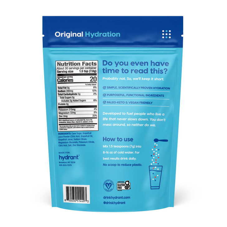 Hydrant - Hydration Powder, Grapefruit Flavor, 30 Servings Instant Electrolyte Rehydration Powder - Low Sugar Drink Mix for Daily Use, Travel & Worko