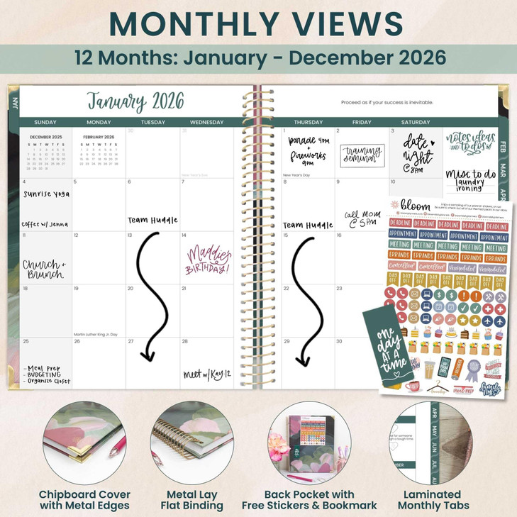 bloom daily planners HARDCOVER 2026 Planner (January to December) - 8.5 x 11 Weekly & Monthly Dated Agenda Organizer Book with Stickers & Tabs - Em