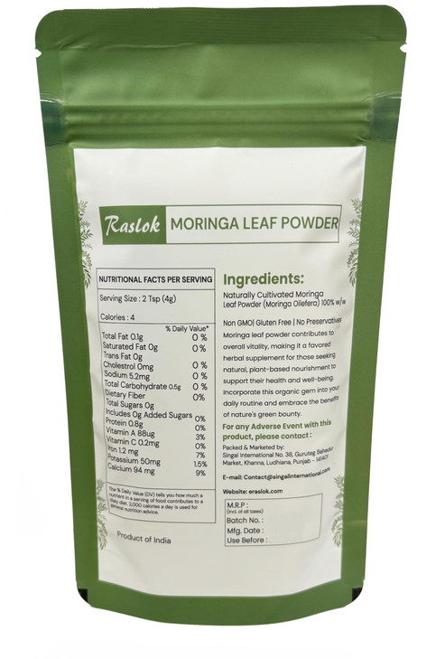 Raslok Moringa Powder | 100% Pure Moringa Leaf NO Stems | Moringa Olifera Powder (3.52 Oz)