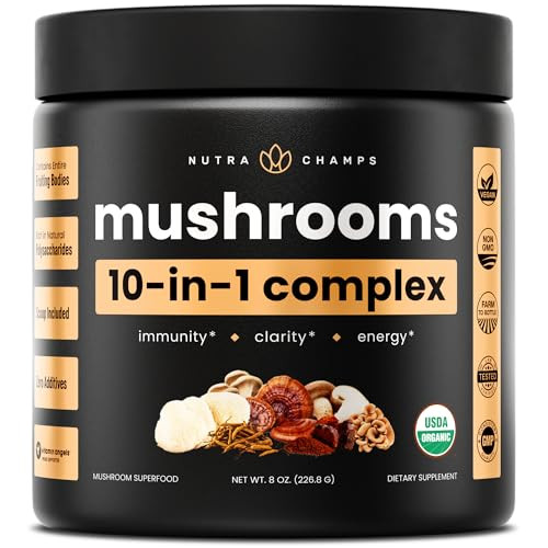 NutraChamps Organic Mushroom Powder - 10-in-1 Complex - Mushroom Supplement Powder Blend for Memory, Focus & Immune Support - 8oz (8.0 OZ, Mushroom B