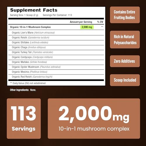 NutraChamps Organic Mushroom Powder - 10-in-1 Complex - Mushroom Supplement Powder Blend for Memory, Focus & Immune Support - 8oz (8.0 OZ, Mushroom B