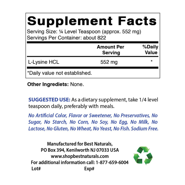Best Naturals Lysine Powder, 1 Pound - 100% Pure (1 LB (Pack of 3))