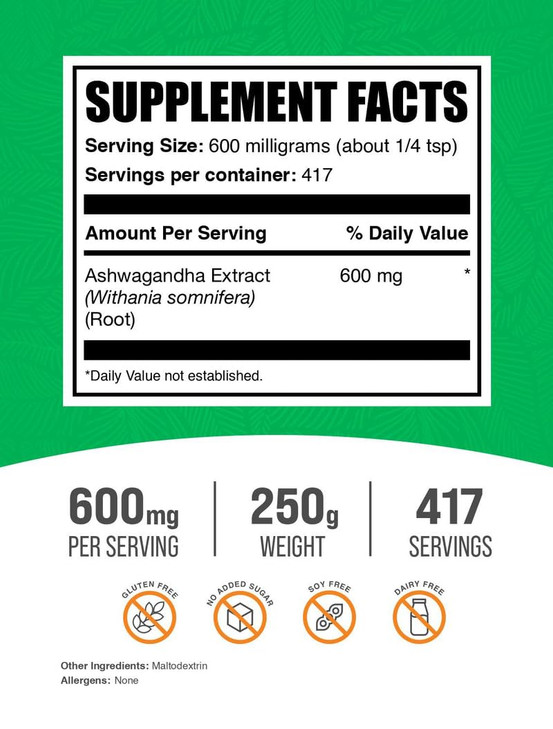 BulkSupplements.com Ashwagandha Root Extract Powder - Ashwagandha Supplement, Herbal Supplement - Vegan & Gluten Free, 600mg per Serving, 250g (8.8 o