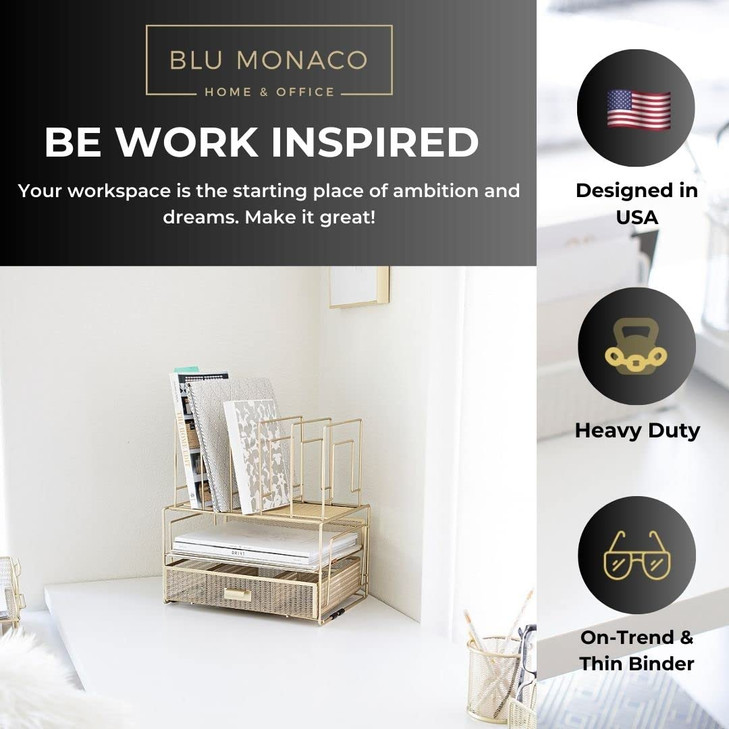 BLU MONACO | Gold Desk Organizer With Drawer | Metal Mesh File Holder & Vertical File Organizer | Desktop Storage for Office Supplies, Papers & Folde
