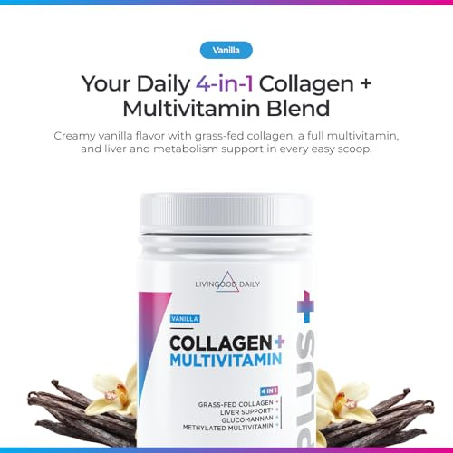 Livingood Daily Collagen Powder for Women and Men, Vanilla, Grass Fed Protein, Hydrolyzed Collagen Peptides with Vitamin C & Multi Vitamins for Hair,